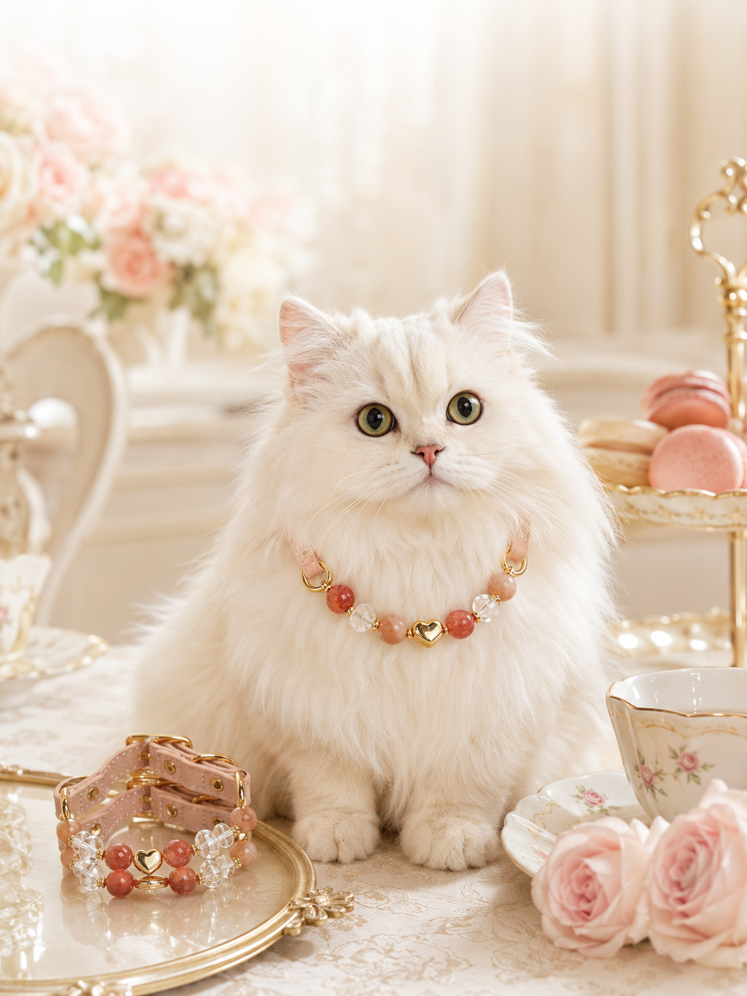 A white cat wearing a warm-toned birthstone-inspired GemoraBond collar