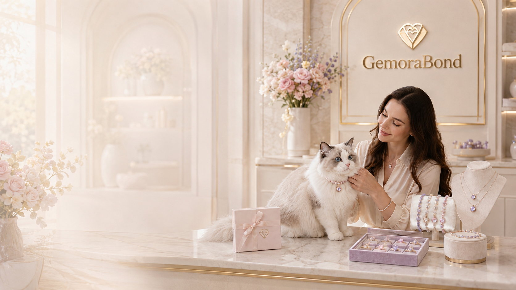 A cat and small dog wearing coordinated pink GemoraBond keepsake collars
