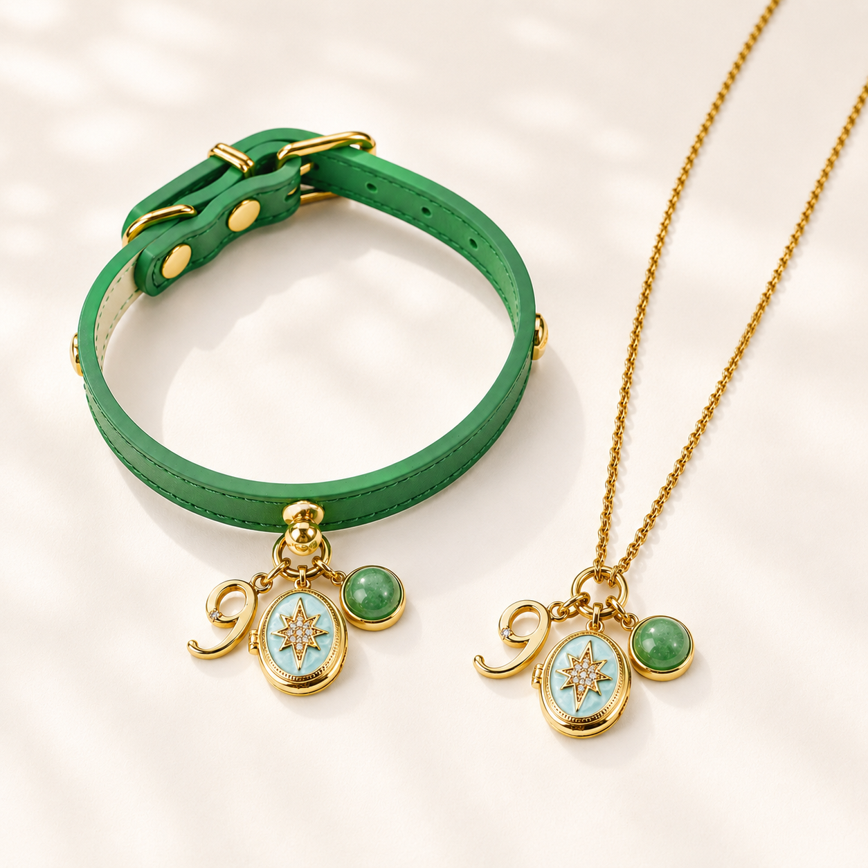 September Green Strawberry Quartz Pet Collar & Matching Necklace