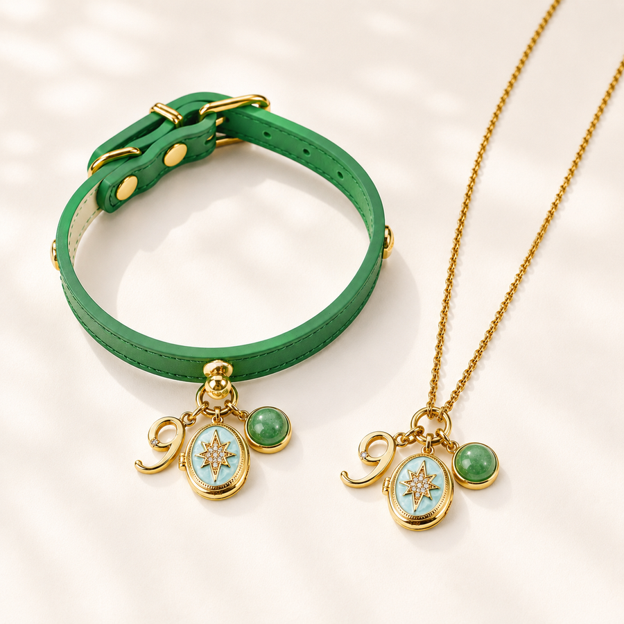 September Green Strawberry Quartz Pet Collar & Matching Necklace