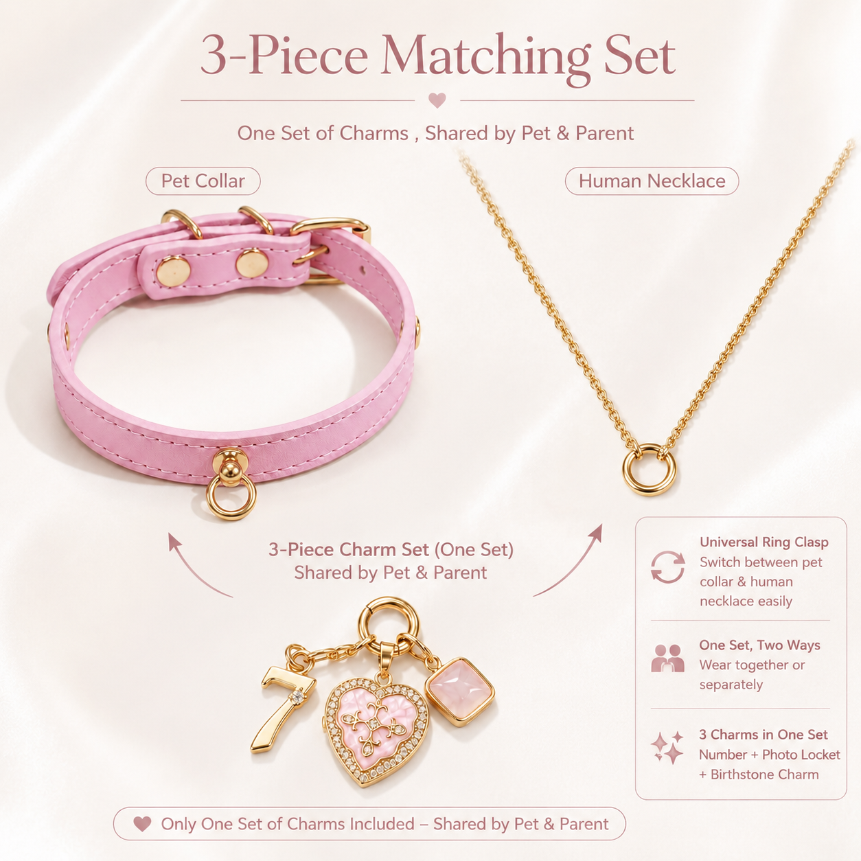 July Rose Quartz Pet Collar & Matching Necklace
