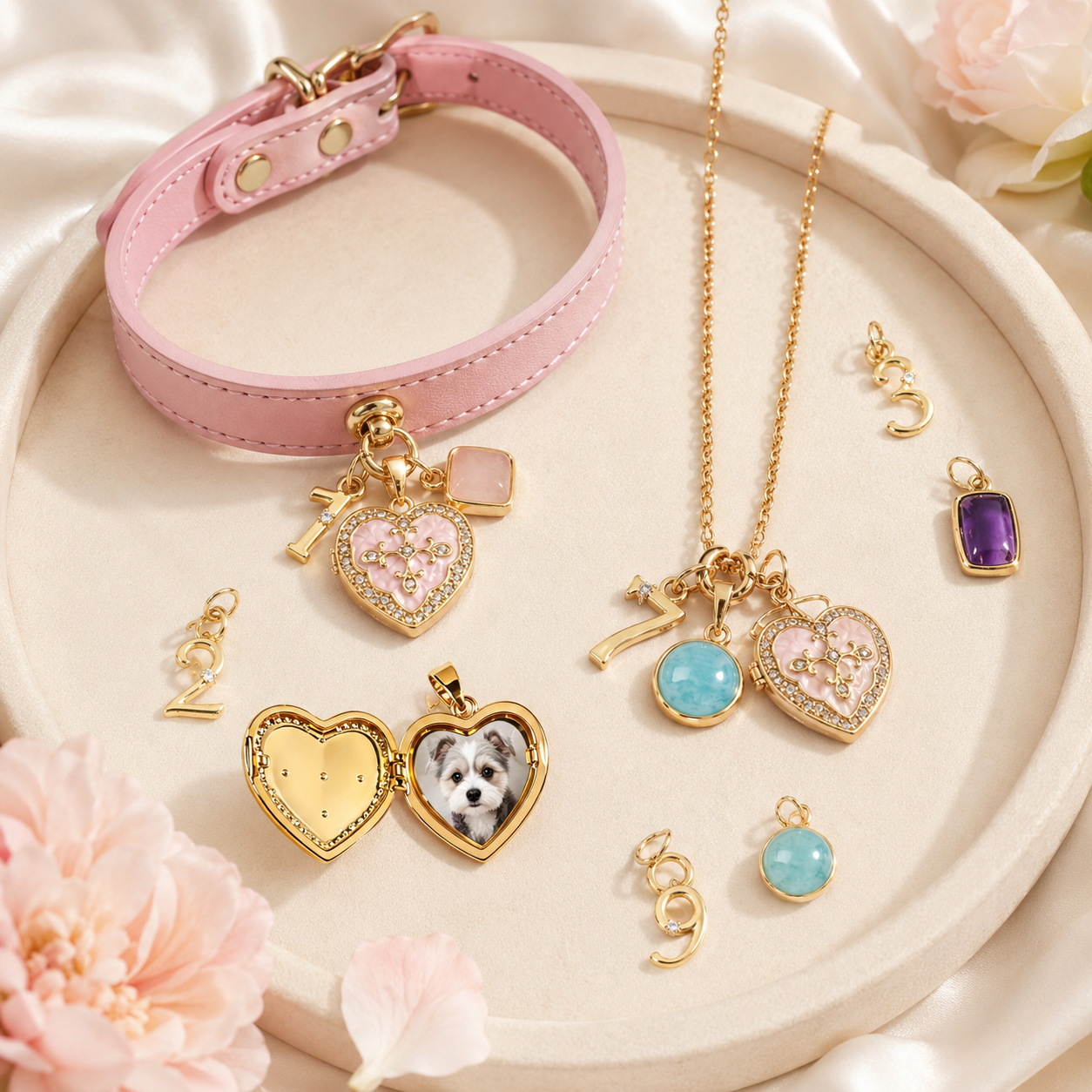 A pet parent and dog wearing matching keepsake jewelry