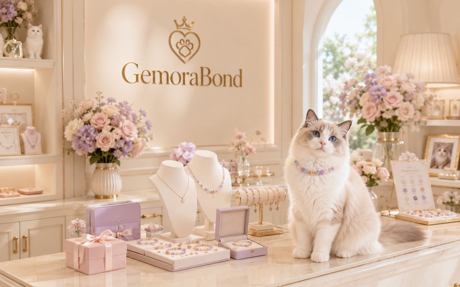 A white cat and pet parent wearing coordinated lavender GemoraBond jewellery