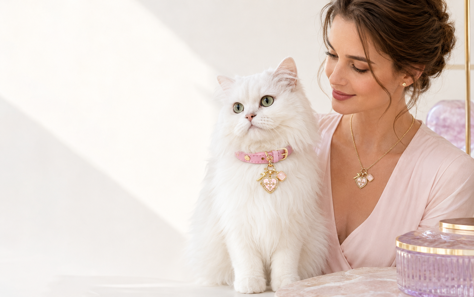 A pet wearing a birthstone-inspired collar in a warm home