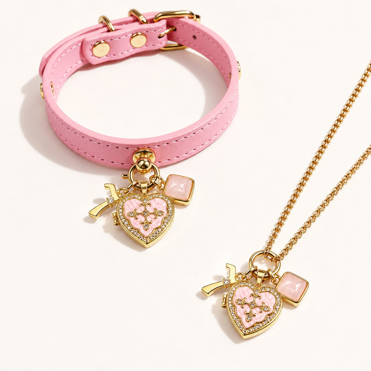 July Rose Quartz Pet Collar & Matching Necklace