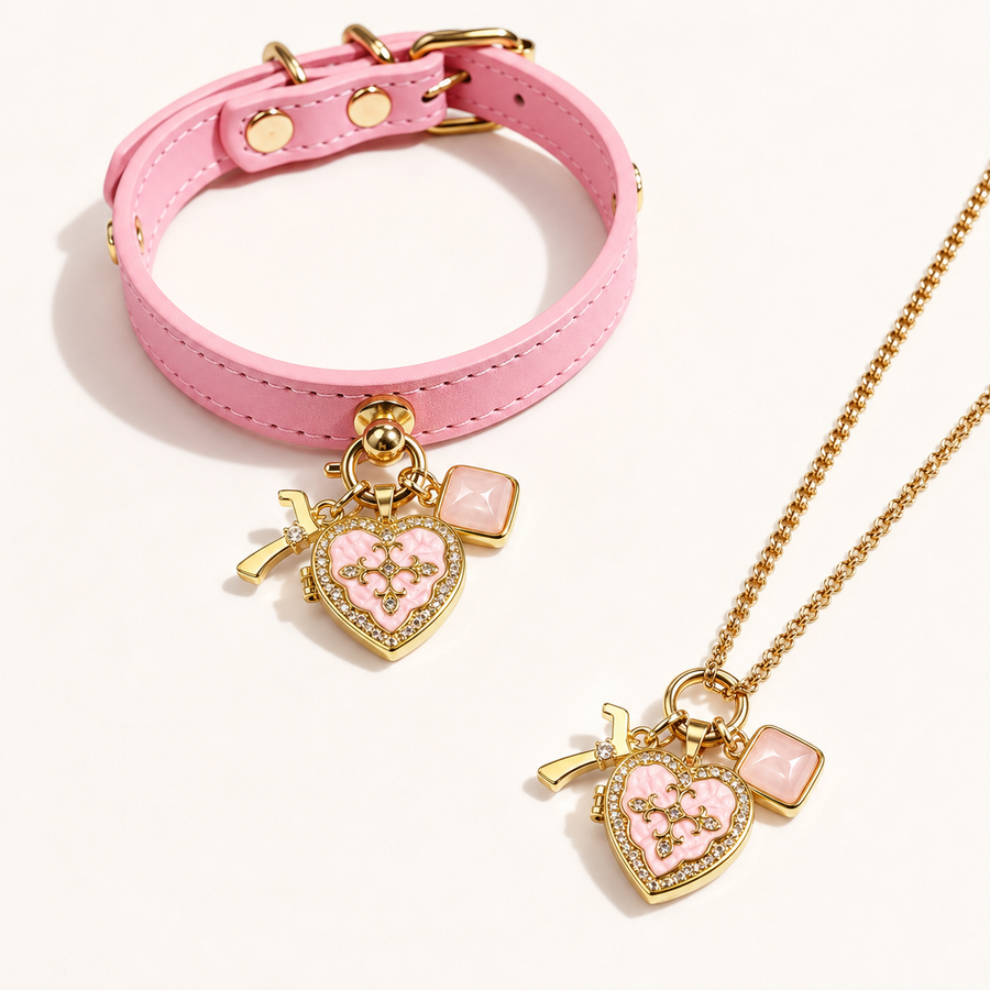 July Rose Quartz Pet Collar & Matching Necklace