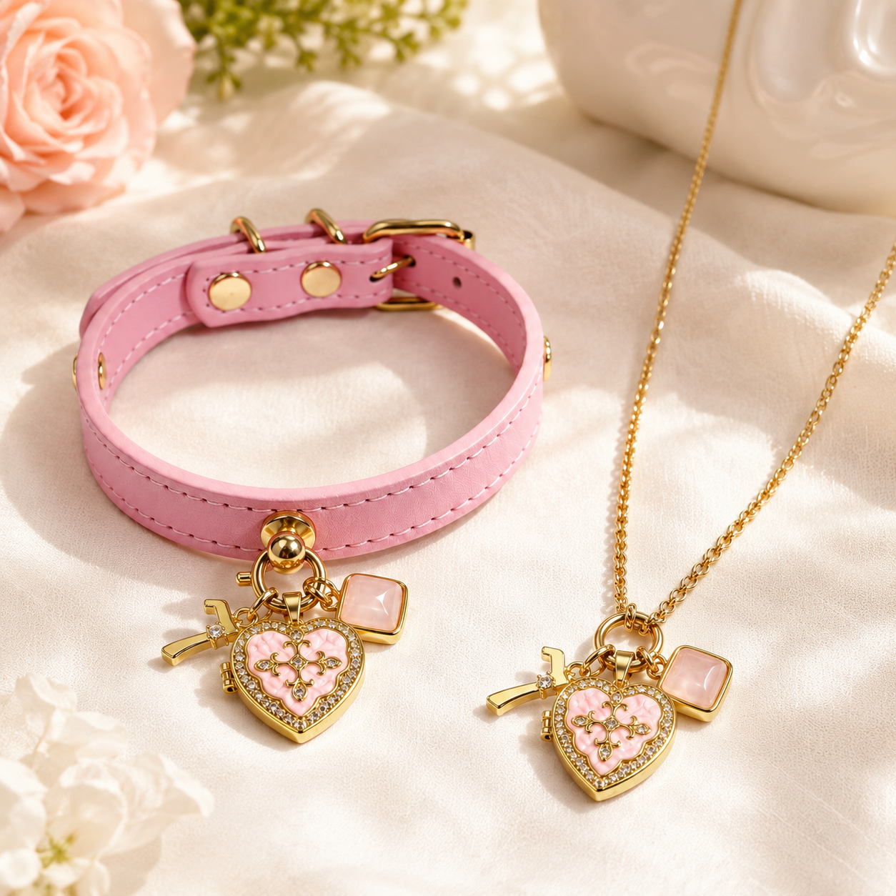 July Rose Quartz Pet Collar & Matching Necklace