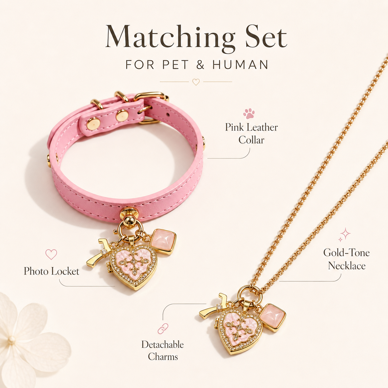 July Rose Quartz Pet Collar & Matching Necklace