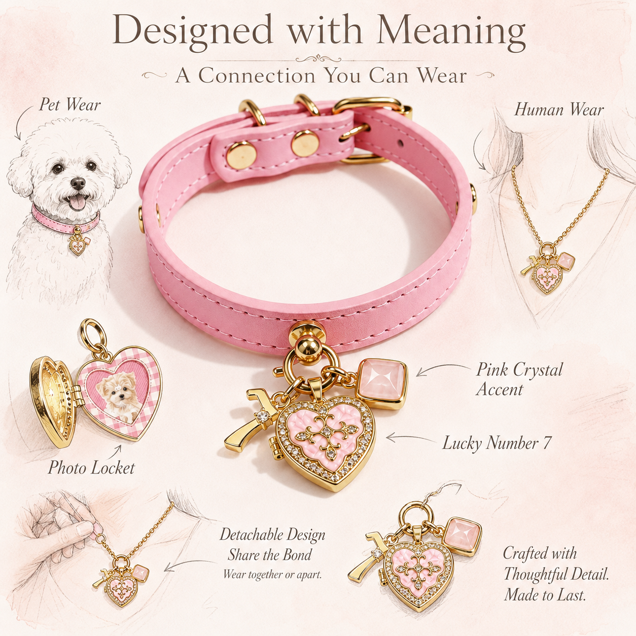 July Rose Quartz Pet Collar & Matching Necklace