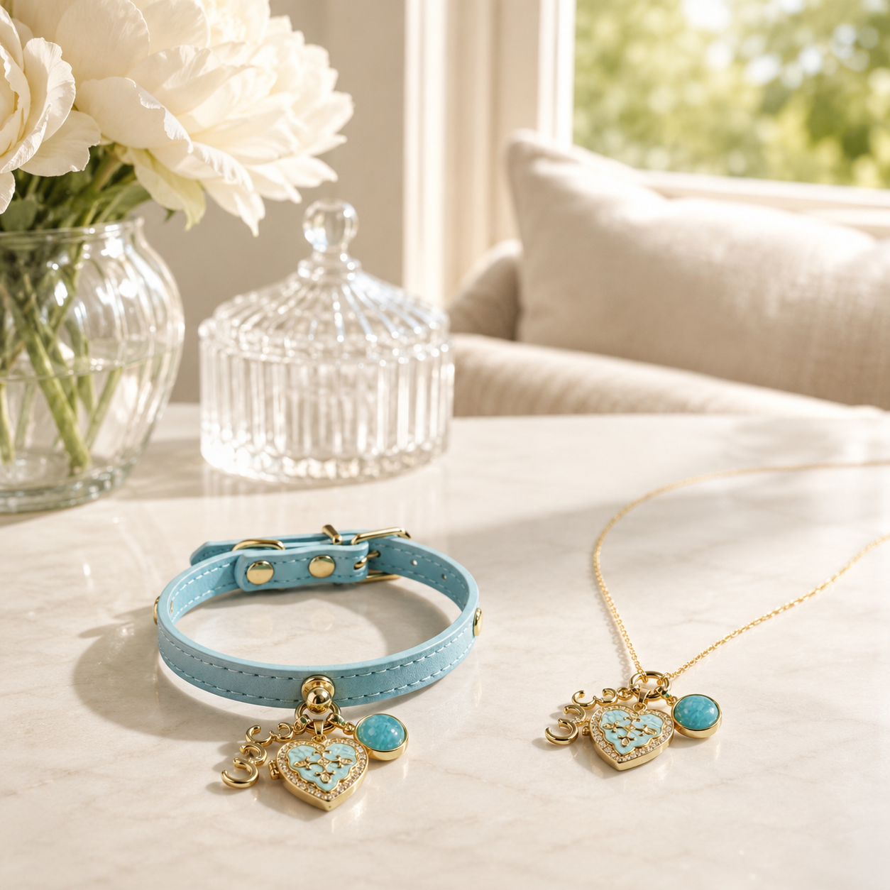 March Amazonite Pet Collar & Matching Necklace