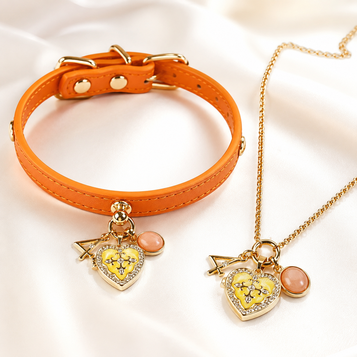 April Orange Moonstone Pet Collar & Matching Necklace