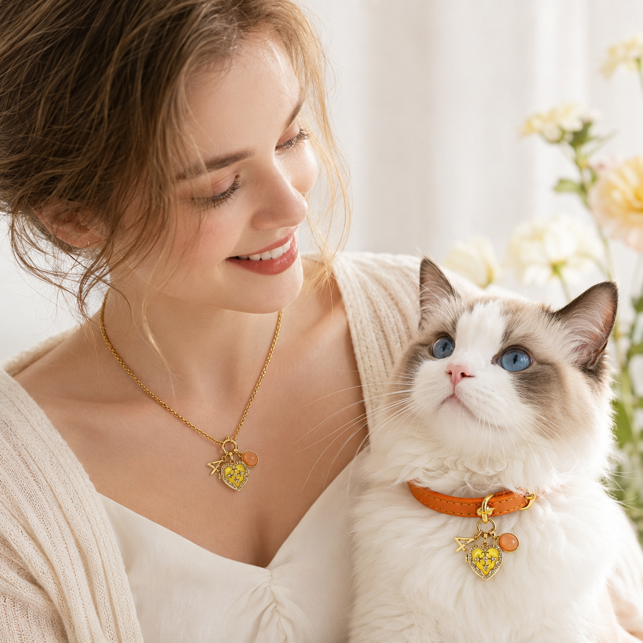 April Orange Moonstone Pet Collar & Matching Necklace