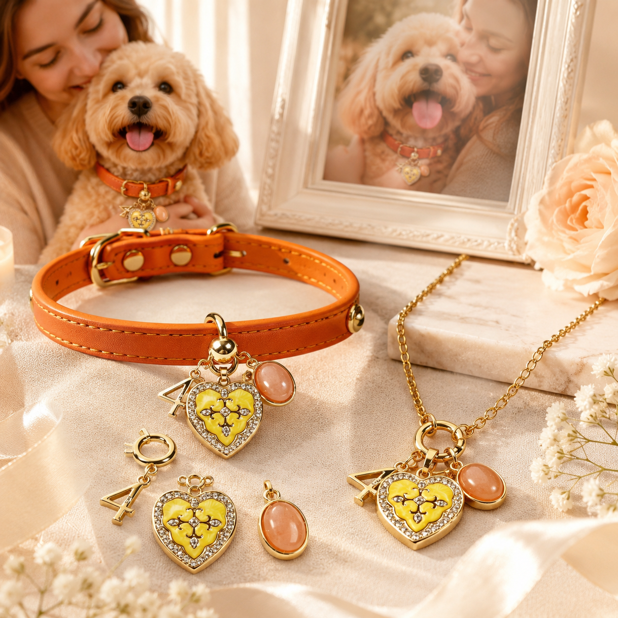 April Orange Moonstone Pet Collar & Matching Necklace