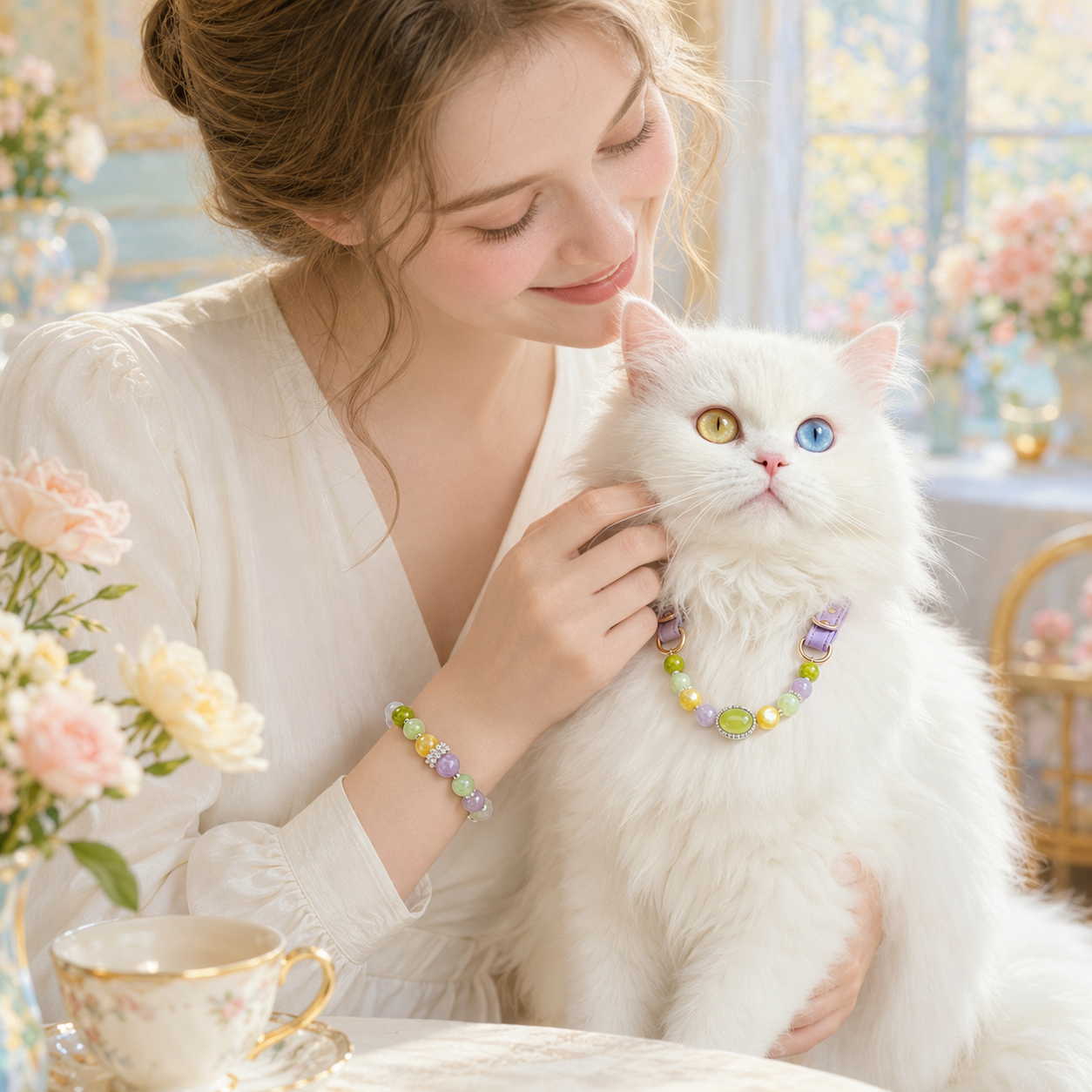 Monet Garden Gemstone Pet Collar & Matching Bracelet