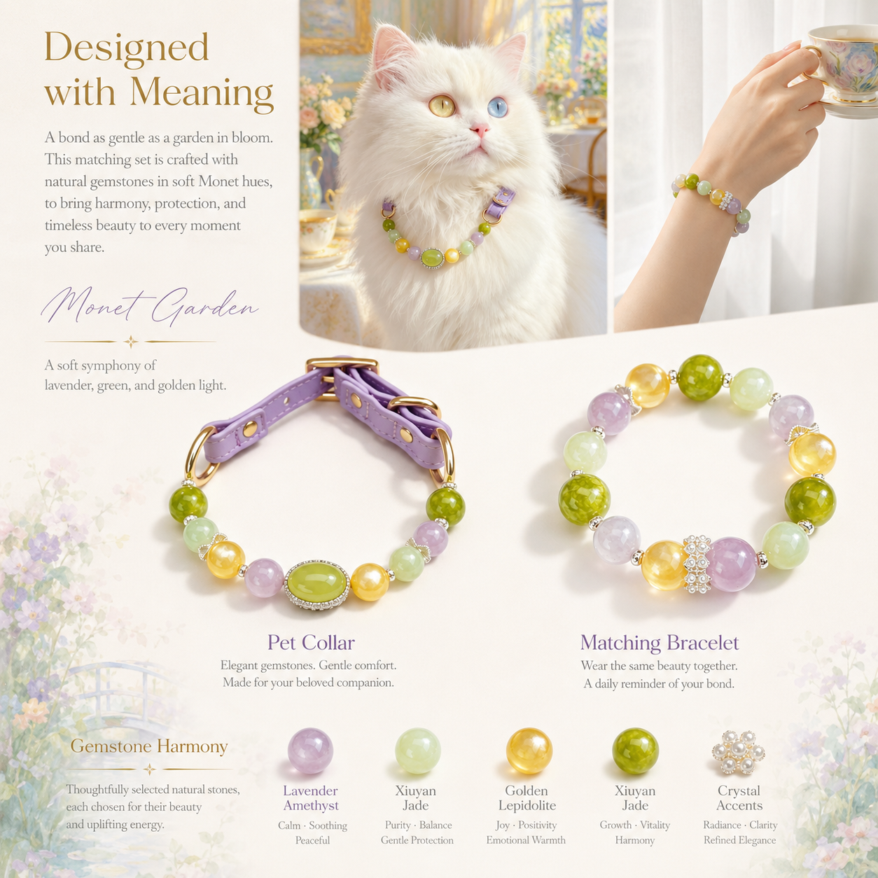 Monet Garden Gemstone Pet Collar & Matching Bracelet