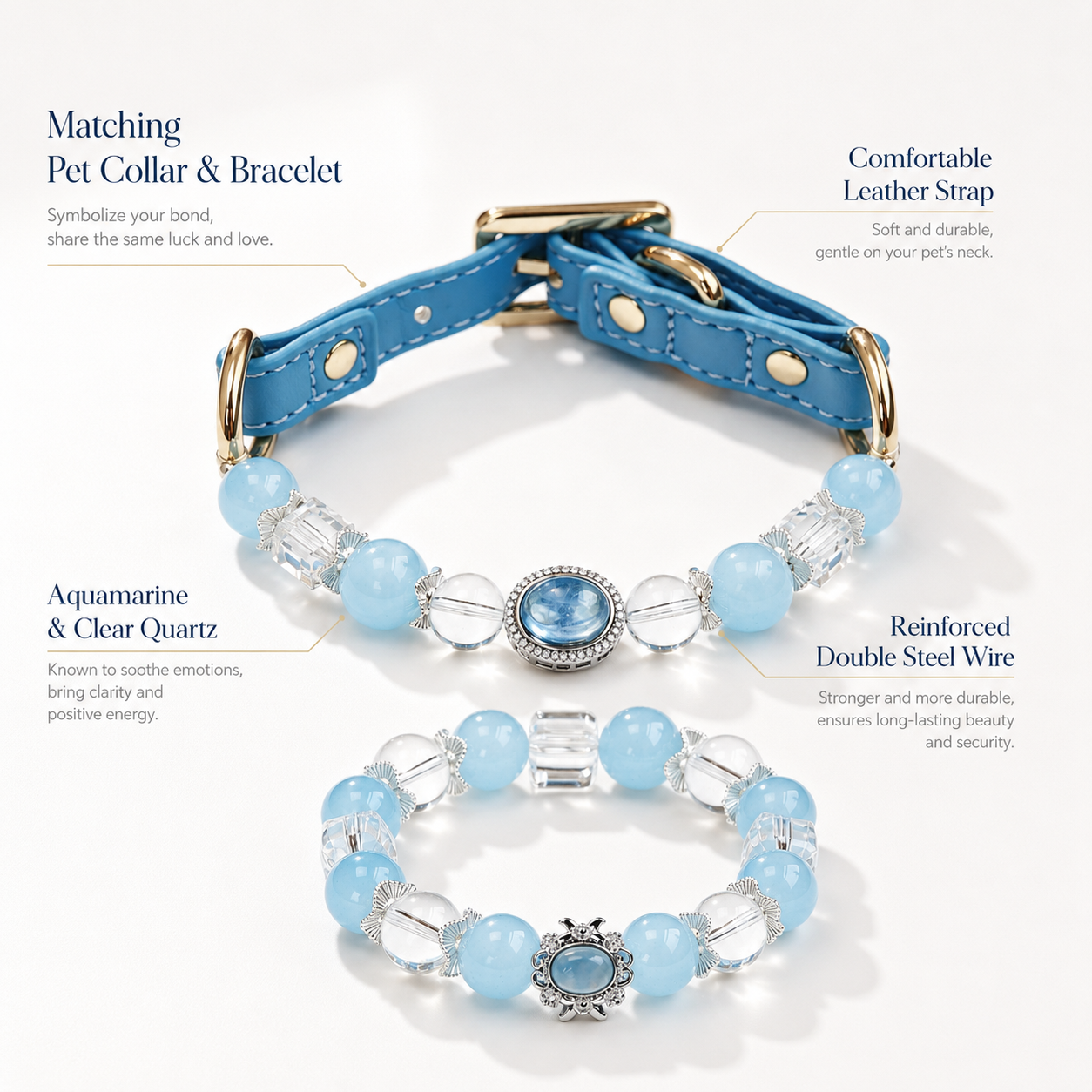 Ice Blue Aquamarine Pet Collar & Matching Bracelet