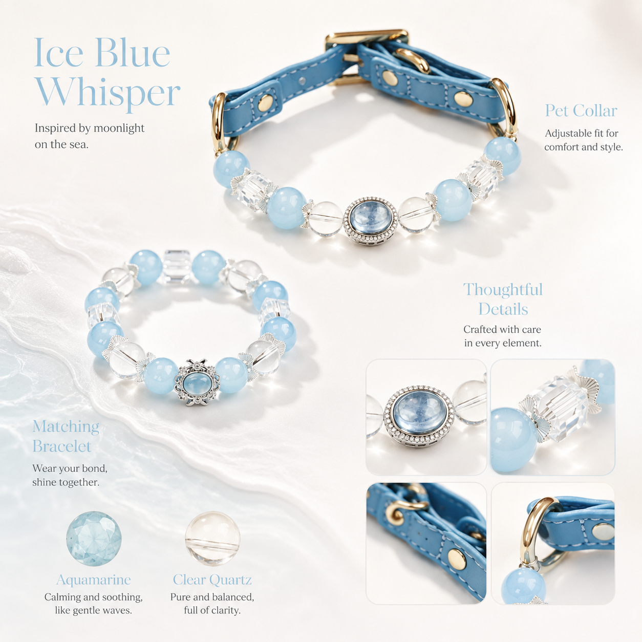 Ice Blue Aquamarine Pet Collar & Matching Bracelet