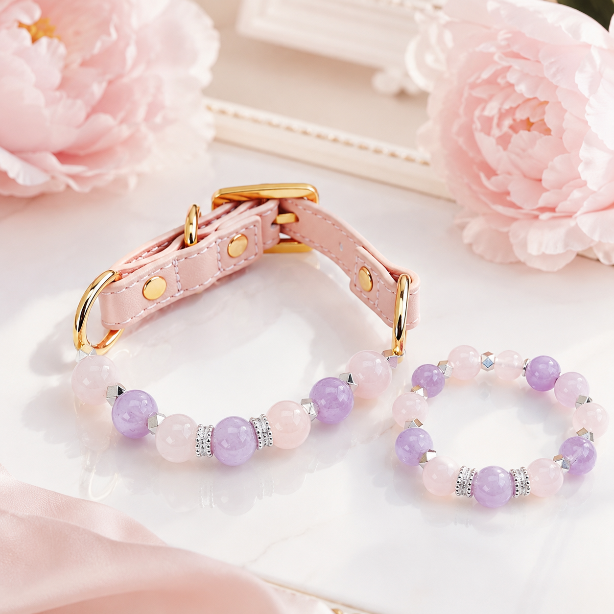 Pink Heart Amethyst & Rose Quartz Pet Collar & Matching Bracelet