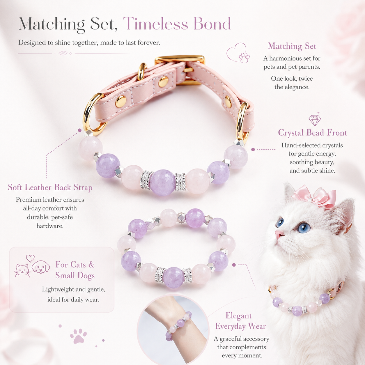 Pink Heart Amethyst & Rose Quartz Pet Collar & Matching Bracelet