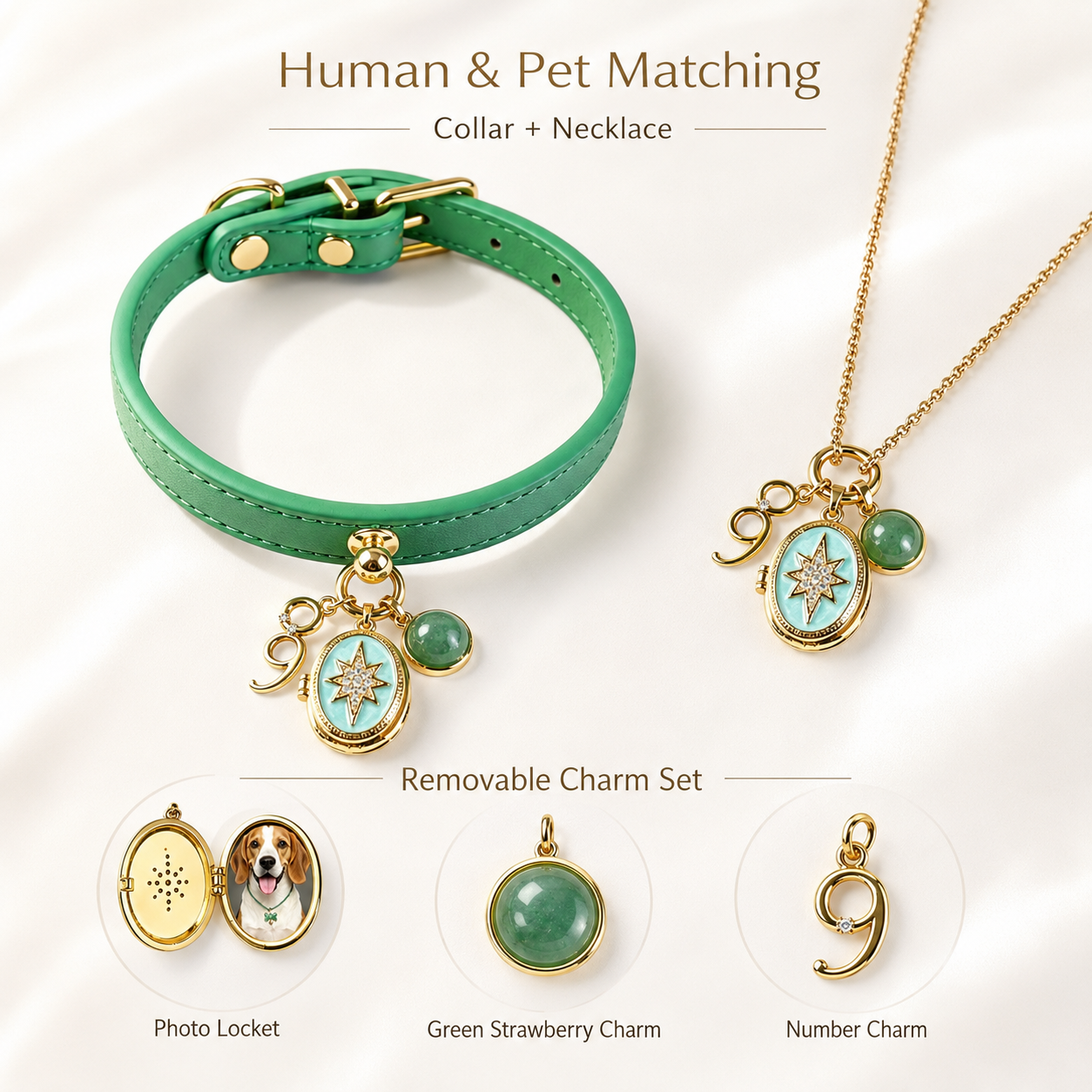 September Green Strawberry Quartz Pet Collar & Matching Necklace