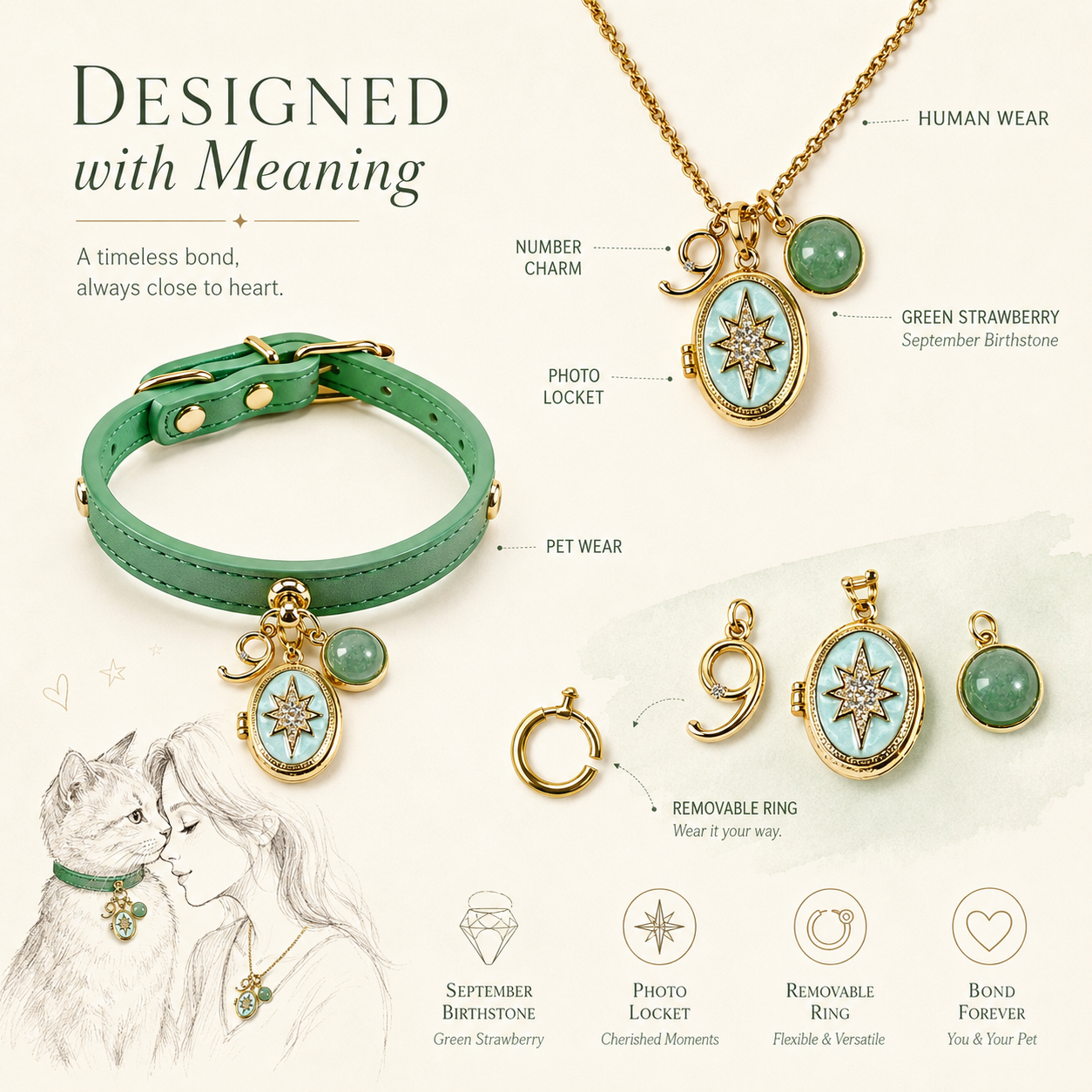 September Green Strawberry Quartz Pet Collar & Matching Necklace
