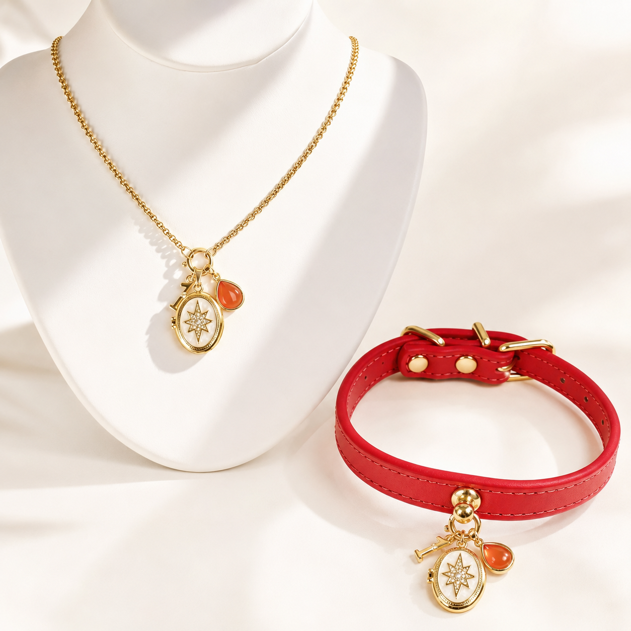 January Red Agate Pet Collar & Matching Necklace
