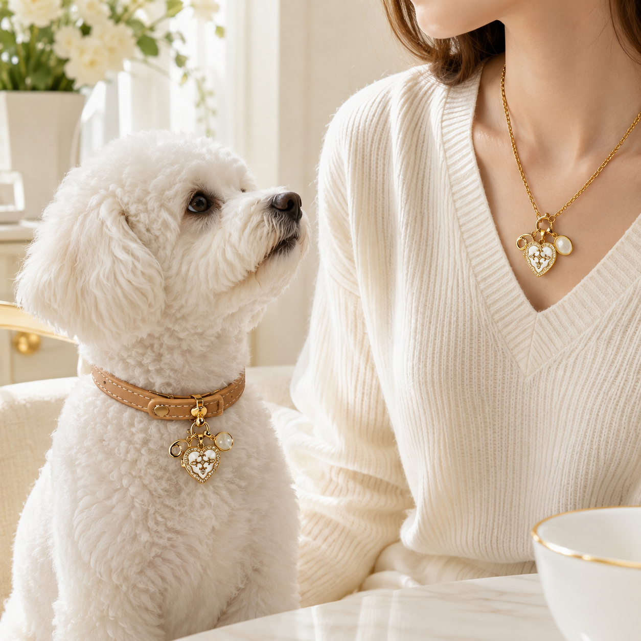 June White Crystal Pet Collar & Matching Necklace