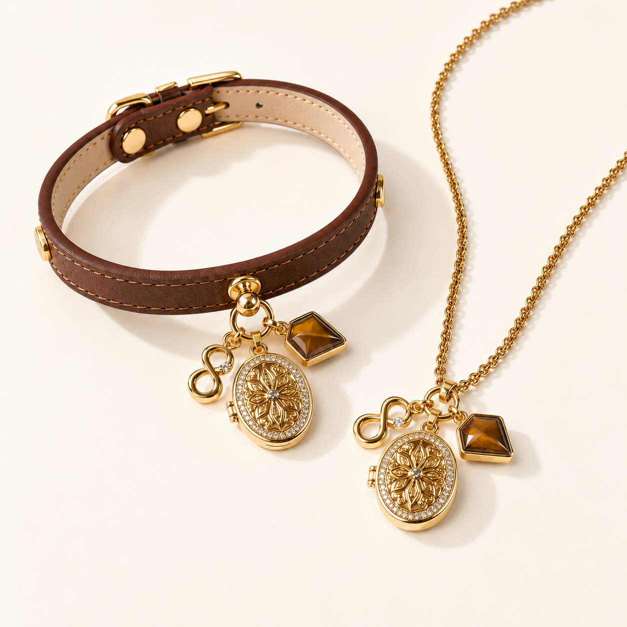 August Tiger’s Eye Pet Collar & Matching Necklace