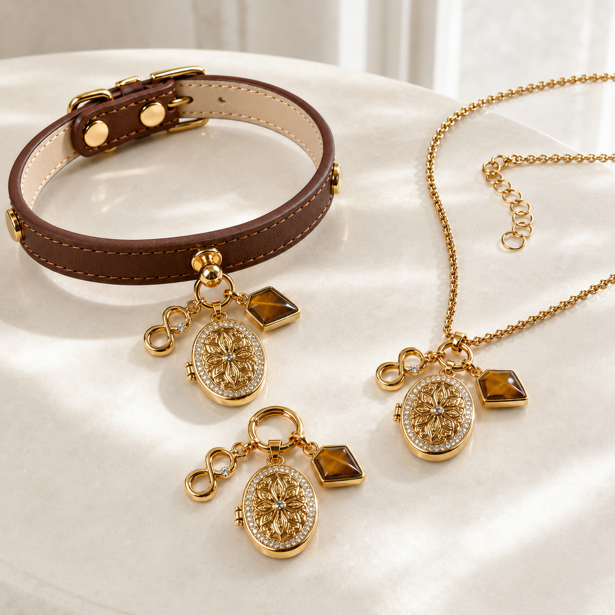 August Tiger’s Eye Pet Collar & Matching Necklace