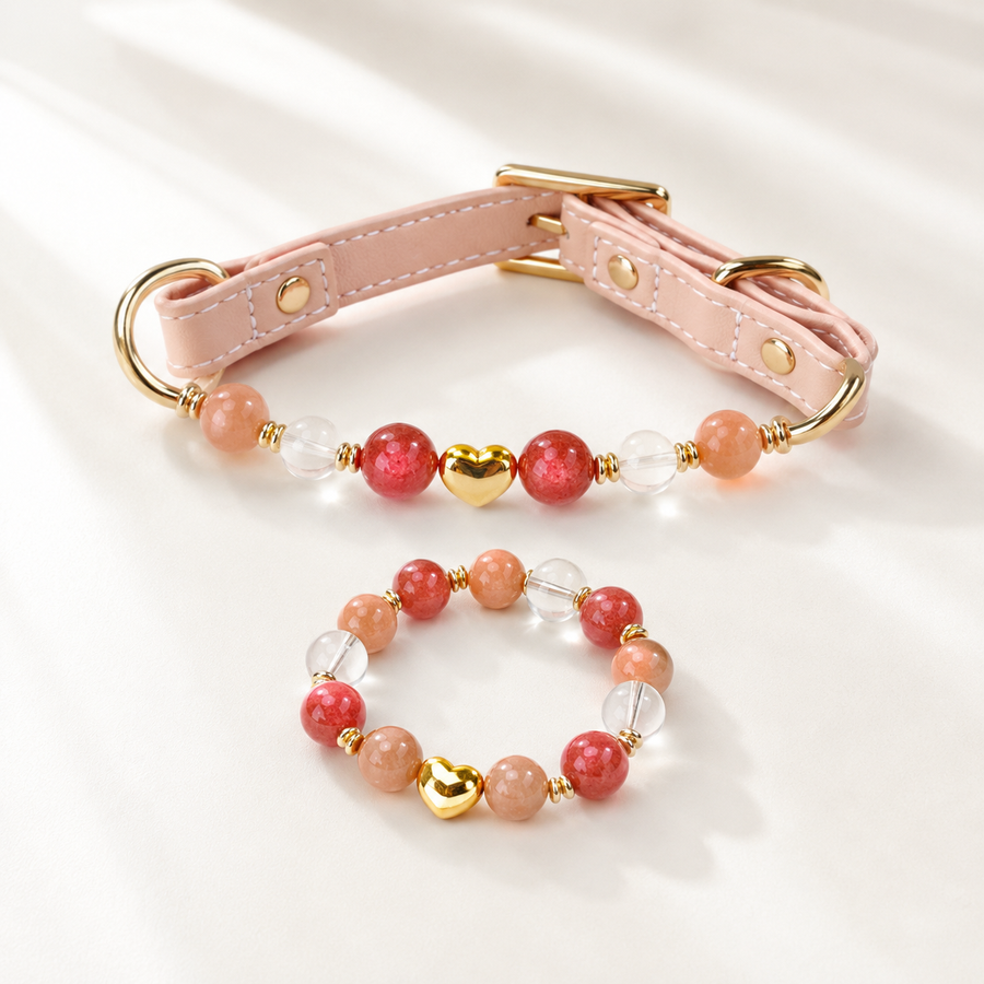 Milk Tea Rose Gemstone Pet Collar & Matching Bracelet