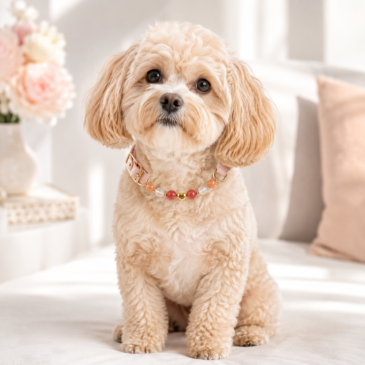 Milk Tea Rose Gemstone Pet Collar & Matching Bracelet
