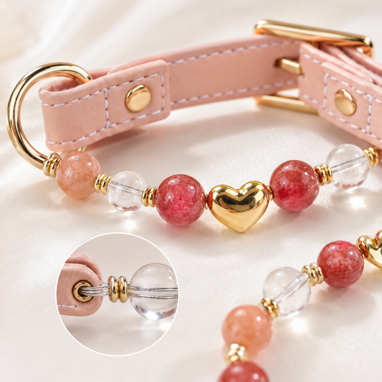Milk Tea Rose Gemstone Pet Collar & Matching Bracelet