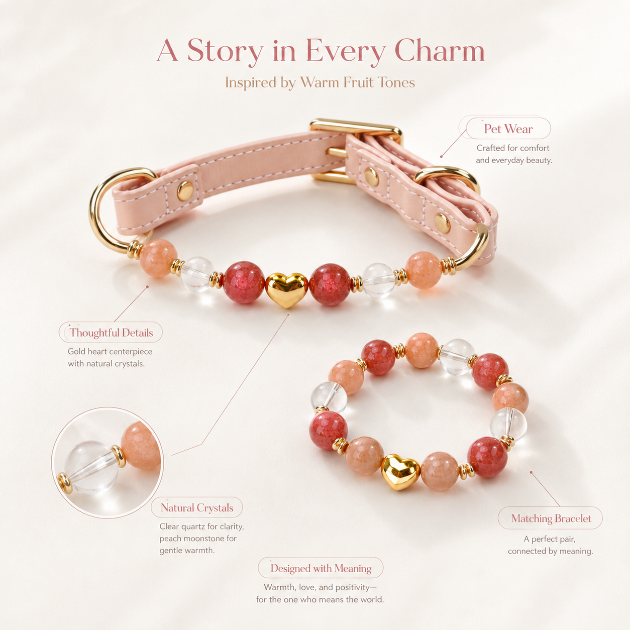 Milk Tea Rose Gemstone Pet Collar & Matching Bracelet