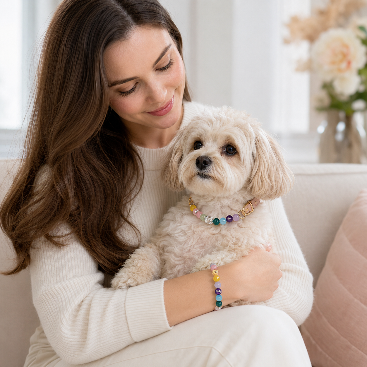 Rainbow Gemstone Pet Collar & Matching Bracelet