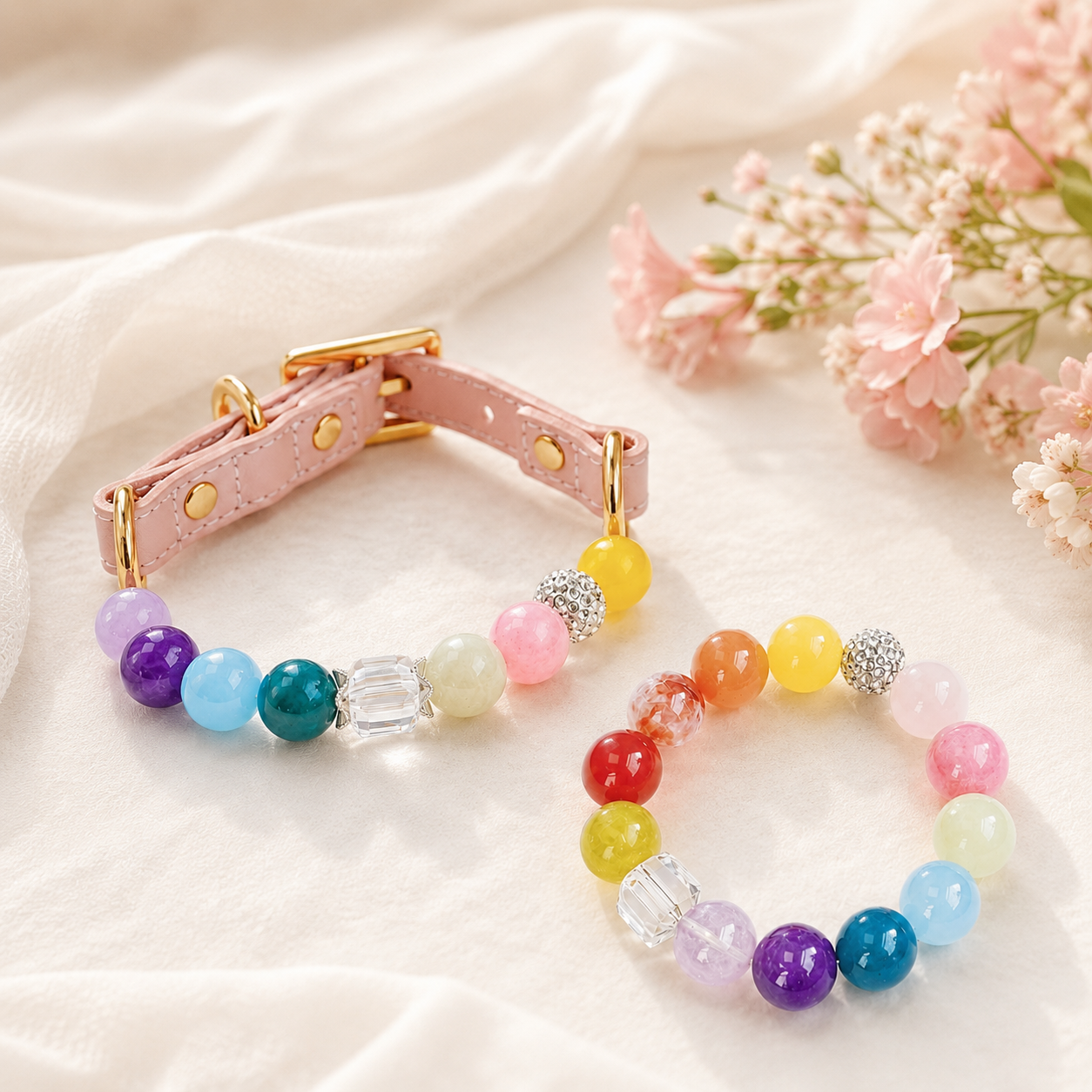 Rainbow Gemstone Pet Collar & Matching Bracelet