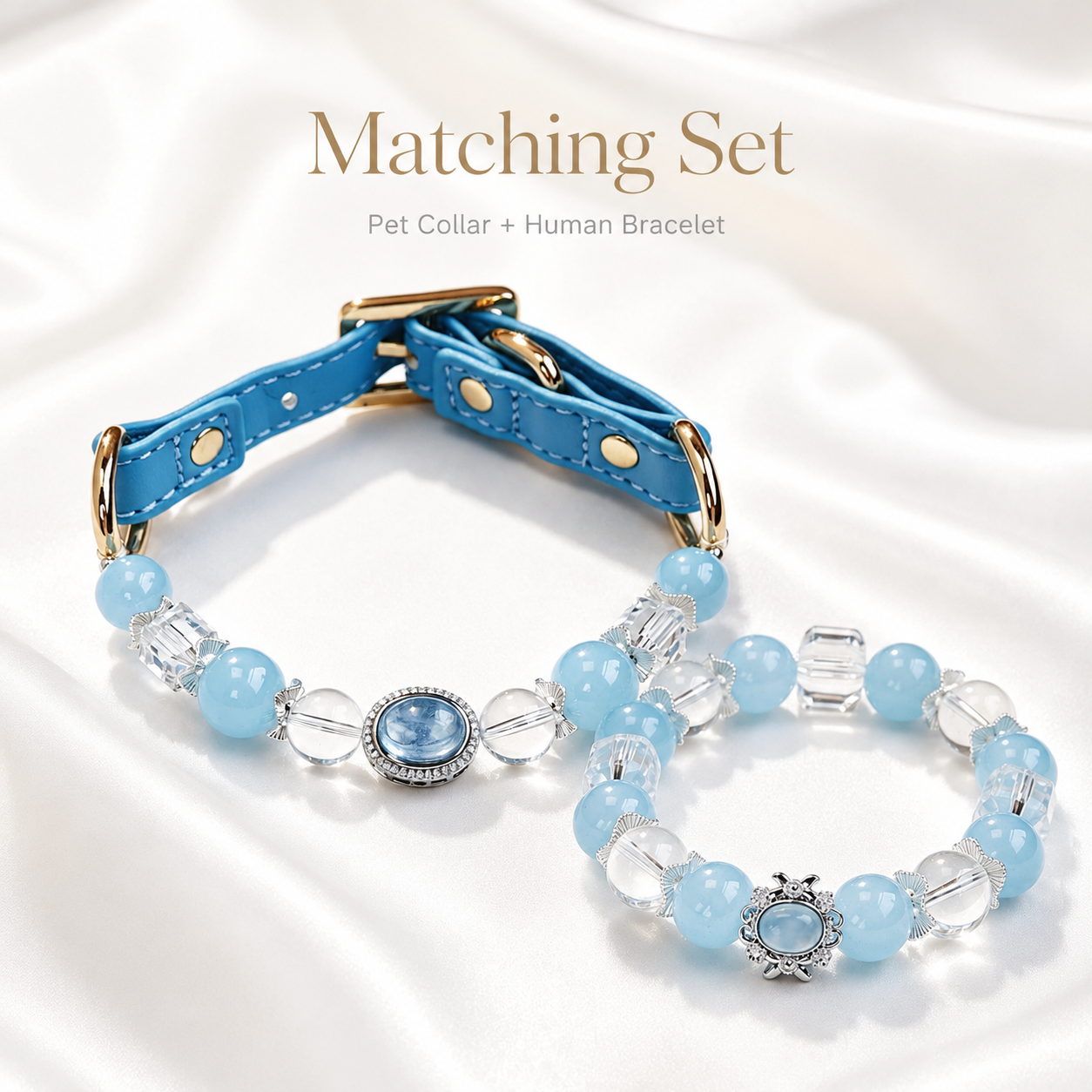 Ice Blue Aquamarine Pet Collar & Matching Bracelet