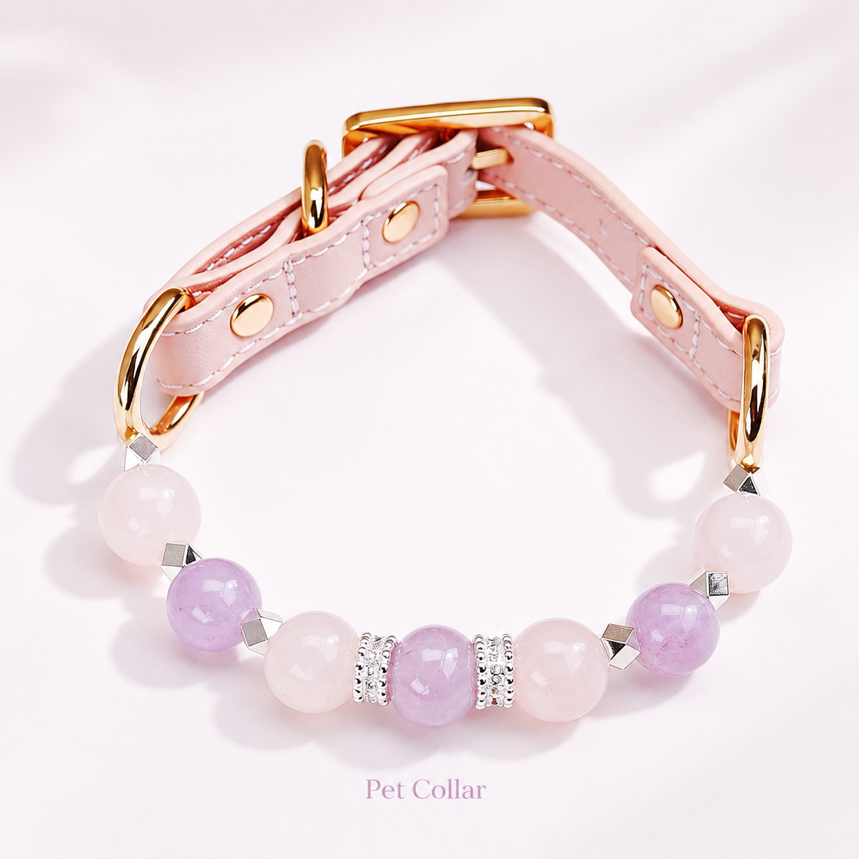 Pink Heart Amethyst & Rose Quartz Pet Collar & Matching Bracelet