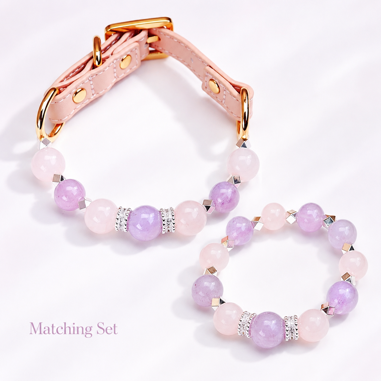 Pink Heart Amethyst & Rose Quartz Pet Collar & Matching Bracelet