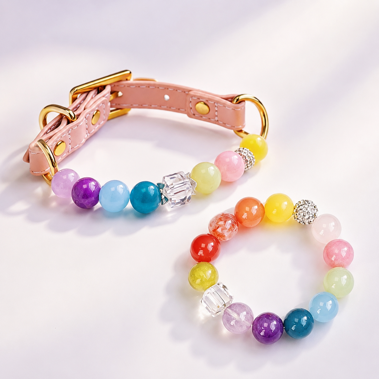 Rainbow Gemstone Pet Collar & Matching Bracelet