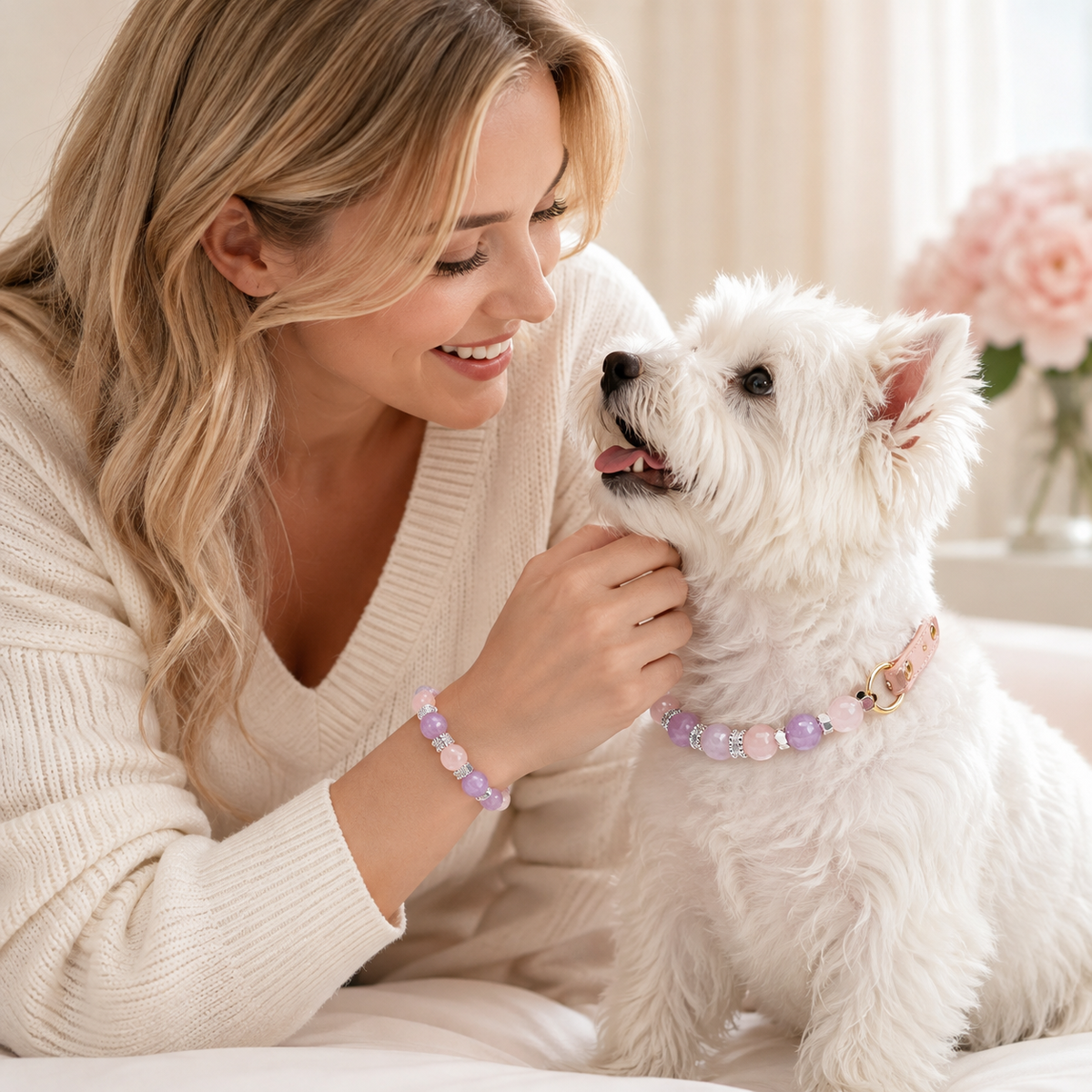 Pink Heart Amethyst & Rose Quartz Pet Collar & Matching Bracelet