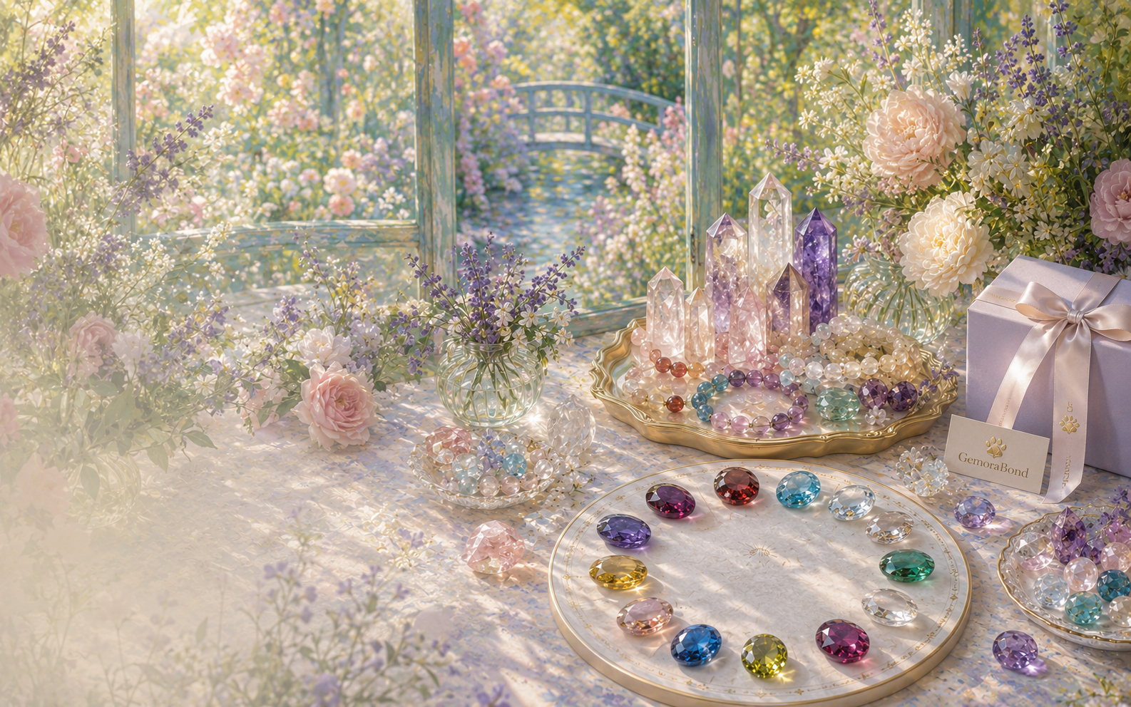 A GemoraBond birthstone collar and matching necklace presented in a gift box