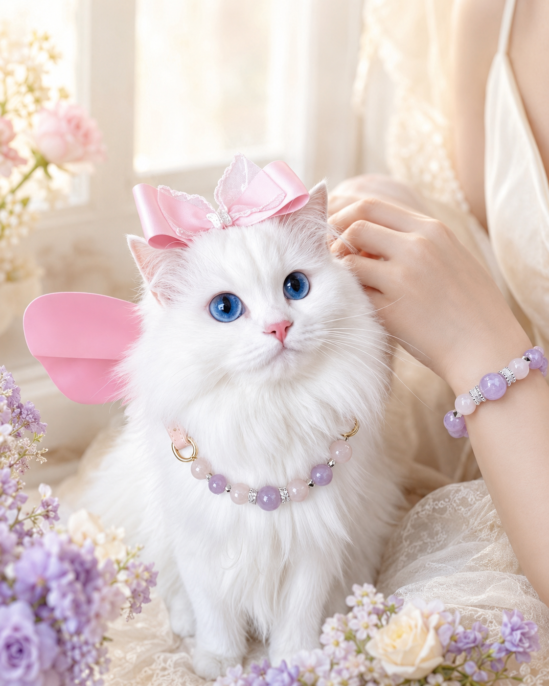 A cat and small dog wearing coordinated pink GemoraBond keepsake collars