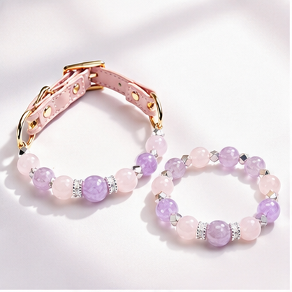 Pink Heart Amethyst & Rose Quartz Pet Collar & Matching Bracelet